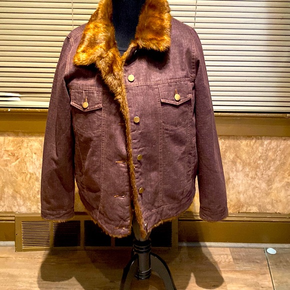VINTAGE DENIM & COMPANY CHOCOLATE DENIM IN LINED FAUX MINK BUTTON DOWN COAT L - Picture 5 of 9